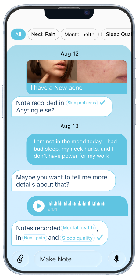 Health tracking chat interface with daily notes and notifications